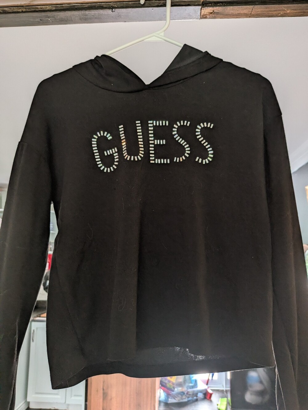 GUESS Black Hooded Cropped Sweater with Rhinestone Logo Accent Youth 14